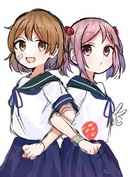 Rule 34 | 2girls, back-to-back, badge, bandaid, bandaid on face, blue sailor collar, blue skirt, brown eyes, brown hair, commentary request, hair bobbles, hair ornament, highres, kantai collection, looking at viewer, multiple girls, o3o, oboro (kancolle), pink eyes, pink hair, pleated skirt, sailor collar, sazanami (kancolle), school uniform, serafuku, short hair, simple background, skirt, tenyako (mirasato24), twintails, white background