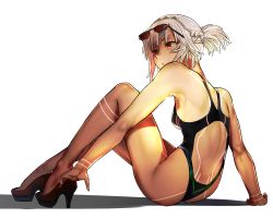 Rule 34 | 1girl, altera (fate), ass, back, bare shoulders, black nails, breasts, dark skin, dark-skinned female, eyewear on head, fate/grand order, fate (series), full-body tattoo, high heels, highres, i-pan, nail polish, one-piece swimsuit, ponytail, red eyes, shadow, short hair, sitting, solo, sunglasses, swimsuit, tattoo, white hair