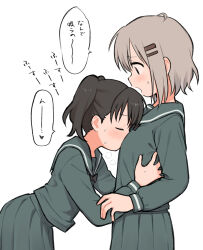 Rule 34 | 2girls, between breasts, black hair, blush, breasts, brown hair, closed eyes, cowboy shot, from side, green sailor collar, green serafuku, green skirt, hair ornament, hairclip, hands on another&#039;s waist, head between breasts, head on chest, highres, kuraue hinata, leaning forward, long sleeves, looking at another, meis (terameisu), multiple girls, pleated skirt, profile, sailor collar, school uniform, serafuku, short hair, short twintails, simple background, skirt, small breasts, smelling, standing, sweat, translation request, twintails, white background, yama no susume, yukimura aoi, yuri