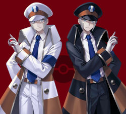 Rule 34 | 2boys, arm behind back, armband, belt, black coat, black headwear, black pants, blue armband, blue necktie, brothers, closed mouth, coat, collared shirt, cowboy shot, creatures (company), emmet (pokemon), game freak, gloves, grey eyes, grey hair, hand up, happy, hat, high collar, holding, holding poke ball, ingo (pokemon), long sleeves, looking at viewer, male focus, matching hair/eyes, merlusa, multiple boys, necktie, nintendo, open clothes, open coat, pants, peaked cap, poke ball, poke ball (basic), poke ball symbol, pokemon, pokemon bw2, red background, shirt, short hair, siblings, sidelocks, simple background, smile, standing, striped, striped coat, symmetry, twins, white coat, white gloves, white headwear, white pants, white shirt