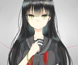 Rule 34 | 1girl, bangle, black hair, black sailor collar, black shirt, bracelet, closed mouth, collarbone, commentary request, grey background, hair between eyes, highres, jewelry, long hair, looking at viewer, neckerchief, original, red neckerchief, sailor collar, school uniform, serafuku, shirt, short sleeves, simple background, smile, solo, string, string of fate, swon (joy200892), undone neckerchief, very long hair, yellow eyes