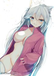 Rule 34 | 1girl, animal ear fluff, animal ears, antenna hair, areola slip, aties20, blue eyes, breasts, closed mouth, collarbone, commentary request, fang, fang out, fox ears, grey hair, groin, hair between eyes, jacket, large breasts, licking lips, long sleeves, looking at viewer, navel, open clothes, open jacket, pink jacket, puffy long sleeves, puffy sleeves, simple background, solo, thighhighs, tongue, tongue out, vei (vtuber), vei (vtuber) (1st costume), virtual youtuber, vshojo, white background, white thighhighs