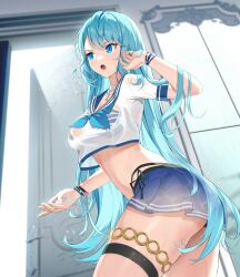 Rule 34 | 1girl, :o, ass, bandaged hand, bandages, bikini, bikini under clothes, blue bikini, blue eyes, blue hair, blue neckerchief, blue sailor collar, blue skirt, bracelet, breasts, closers, cowboy shot, cropped shirt, from below, from side, hair between eyes, hand up, highres, holding, holding hair, indoors, jewelry, large breasts, long hair, miniskirt, neckerchief, necklace, official art, open door, pearl necklace, pleated skirt, sailor collar, school uniform, serafuku, shirt, short sleeves, skirt, solo, stomach, striped bikini, striped clothes, swimsuit, thigh strap, thighlet, v-shaped eyebrows, very long hair, violet (closers), wet, wet clothes, wet shirt, wet skirt, white serafuku, window