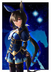 Rule 34 | 1girl, absurdres, admire vega (umamusume), animal ears, arms behind back, black pantyhose, blue capelet, bodice, bow, bowtie, brown hair, capelet, cheesecake (artist), commentary, cowboy shot, creature and personification, ear covers, ear ornament, gold trim, hair between eyes, hair bow, highres, horse, horse ears, horse girl, horse tail, long hair, looking at viewer, low ponytail, name connection, object namesake, outline, outside border, pantyhose, purple eyes, sidelocks, silhouette, single ear cover, star (sky), star (symbol), starry background, tail, thigh strap, umamusume, vega (star), very long hair, white bow, white bowtie
