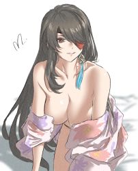 Rule 34 | 1girl, 9431116, all fours, bed, beidou (genshin impact), blanket, breasts, brown hair, cleavage, collarbone, eyepatch, floral print, genshin impact, highres, jacket, large breasts, lips, lipstick, long hair, makeup, one eye covered, open mouth, pink jacket, pink robe, pink smile, red eyes, robe, bed sheet, smile, solo, teeth, undressing, watermark, white background