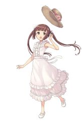 Rule 34 | 1girl, :o, blunt bangs, bow, bowtie, brown eyes, brown hair, dress, flower, frilled dress, frills, full body, hand up, hat, hat flower, unworn hat, unworn headwear, highres, kisaragi (princess principal), long hair, looking at viewer, official art, princess principal, princess principal game of mission, shoes, solo, standing, standing on one leg, straw hat, transparent background, twintails, white bow, white bowtie, white dress, white footwear