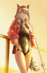 Rule 34 | 1girl, against railing, animal ear fluff, arknights, artist name, backlighting, bad id, bad pixiv id, black one-piece swimsuit, breasts, can, casual one-piece swimsuit, closed mouth, drink can, evening, feet out of frame, fishing rod, groin, hair between eyes, holding, holding can, hood, hood up, hooded jacket, jacket, long hair, long sleeves, looking at viewer, medium breasts, official alternate costume, one-piece swimsuit, open clothes, open jacket, orange eyes, outdoors, projekt red (arknights), projekt red (light breeze) (arknights), railing, red jacket, revision, silver hair, sky, smile, soda can, solo, standing, sunset, swimsuit, swimsuit under clothes, tail, thighs, twitter username, unzipped, wolf girl, wolf tail, yellow sky, yokaze (yokajie)
