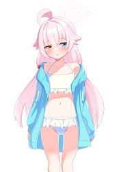 Rule 34 | :o, absurdres, ahoge, bikini, blue archive, blue eyes, blue jacket, commentary, frilled bikini, frills, hair bobbles, hair ornament, halo, heterochromia, highres, hoshino (blue archive), hoshino (swimsuit) (blue archive), jacket, long sleeves, looking to the side, low twintails, navel, official alternate costume, open clothes, open jacket, pink hair, simple background, standing, swimsuit, twintails, white background, white bikini, white halo, yellow eyes, yunoyuno