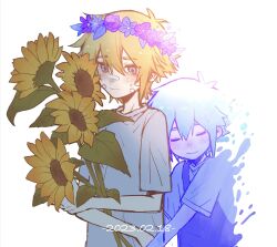 Rule 34 | 2boys, bandaid, bandaid on face, basil (faraway) (omori), basil (headspace) (omori), basil (omori), blonde hair, blue eyes, blush, closed eyes, closed mouth, colored skin, crying, crying with eyes open, dated, flower, green hair, head wreath, highres, holding, holding flower, looking at viewer, multiple boys, omori, overalls, short hair, short sleeves, smile, spoilers, sunflower, tears, vb4but, white skin