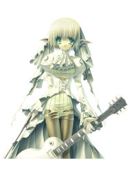 Rule 34 | 1girl, aoi yuuji, elf, frills, gathers, green eyes, guitar, instrument, music, original, pantyhose, pointy ears, simple background, solo, white background, white theme