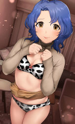 Rule 34 | 1girl, absurdres, animal print, bad id, bad pixiv id, bed, beige shirt, blue hair, blush, bow, bow bra, bra, breasts, cleavage, clothes lift, couch, cow print, cowlick, curtains, hanamasa ono, highres, hotel room, idolmaster, idolmaster million live!, lifted by self, light particles, long sleeves, looking at viewer, medium breasts, panties, pillow, pink bow, room, shirt lift, short hair, skirt, skirt lift, smile, solo, table, tan skirt, toyokawa fuka, turtleneck, two-tone bra, two-tone panties, underwear, yellow eyes