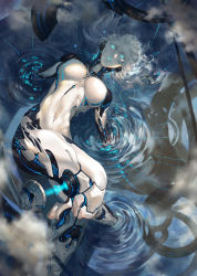 Rule 34 | 1girl, android, architect (cytus), blue eyes, blue lips, breasts, cytus, glowing, glowing eyes, hangleing, highres, large breasts, lipstick, liquid, long hair, looking at viewer, lying, makeup, nude, on back, solo, white hair