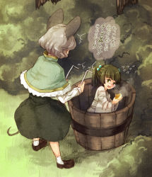 Rule 34 | 2girls, animal ears, bad id, bad twitter id, blush, bucket, capelet, crying, dowsing rod, food, green eyes, green hair, grey hair, hair bobbles, hair ornament, in bucket, in container, kisume, loafers, mouse ears, mouse tail, multiple girls, nazrin, robe, shoes, short hair, socks, speech bubble, tail, tears, text focus, touhou, translation request, twintails, urin, wavy mouth, wooden bucket