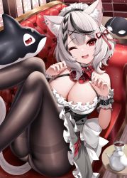 Rule 34 | 1girl, ;d, absurdres, alternate costume, animal ear fluff, animal ears, bow, bowtie, breasts, brick wall, brown pantyhose, cat ears, cat tail, cleavage, couch, cup, ear piercing, enmaided, fang, frills, grey hair, hands up, highres, hololive, indoors, inu (sakamata chloe), knees up, large breasts, looking at viewer, lying, maid, maid headdress, mask, unworn mask, medium hair, multicolored hair, nail polish, on back, one eye closed, open mouth, orca, panties, panties under pantyhose, pantyhose, pantyshot, paw pose, piercing, plaid, plaid bow, plaid bowtie, red bow, red bowtie, red eyes, red nails, roina (effj7473), sakamata chloe, smile, steam, streaked hair, tail, teacup, teapot, thighband pantyhose, underwear, virtual youtuber, window