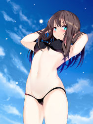 Rule 34 | 1girl, aqua eyes, armpits, bare arms, bikini, black bikini, blue eyes, blue sky, blush, brown hair, cameltoe, cloud, commentary request, covered erect nipples, cowboy shot, day, from below, green eyes, hair between eyes, hands in hair, hands up, highres, idolmaster, idolmaster cinderella girls, light smile, long hair, looking at viewer, micro bikini, navel, okuri banto, parted lips, revision, shibuya rin, sky, solo, standing, swimsuit, water drop