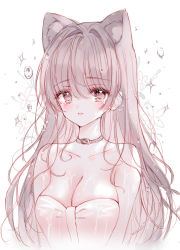 Rule 34 | 1girl, animal ear fluff, animal ears, bad id, bad twitter id, bare shoulders, blush, breasts, brown hair, cleavage, collar, collarbone, commentary, crying, crying with eyes open, dress, grey collar, grey eyes, hair between eyes, hair intakes, highres, looking at viewer, medium breasts, original, parted lips, solo, sparkle, strapless, strapless dress, symbol-only commentary, tandohark, tears, upper body, water drop, white background, white dress