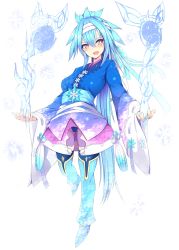 Rule 34 | 1girl, blue hair, blush, breasts, hair between eyes, headband, highres, ice, looking at viewer, medium breasts, obi, open mouth, original, ponytail, sash, see-through, snowflakes, solo, sukage, thighhighs, white background, wide sleeves, yellow eyes
