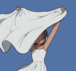 Rule 34 | 1girl, arms up, bare shoulders, bed sheet, black eyes, black hair, blue background, dress, expressionless, floating hair, fucca, highres, holding, holding sheet, looking at viewer, one eye covered, original, shadow, short hair, simple background, solo, spaghetti strap, sparkle, sundress, upper body, white dress, wind