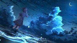 Rule 34 | 1girl, abisswalker8, absurdres, blue sky, cloud, cloudy sky, commentary, crescent moon, floating hair, hand up, highres, huge filesize, moon, night, night sky, ocean, original, outdoors, scenery, shirt, short hair, skirt, sky, soaking feet, solo, standing, star (sky), starry sky, wading, water, waves