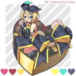 Rule 34 | 1girl, aqua eyes, bare shoulders, black gloves, blonde hair, blush, box, candy, chocolate, chocolate heart, commentary request, fingerless gloves, food, gift, gift box, gloves, hair ornament, hair ribbon, hairclip, heart, heart-shaped box, holding, kagamine rin, kneeling, looking at viewer, negi (ulog&#039;be), open mouth, ribbon, short hair, solo, thighhighs, valentine, vocaloid