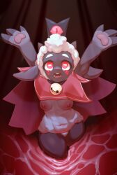 Rule 34 | 1girl, :3, absurdres, animal ears, animal hands, animal nose, arms up, bell, black hat, black skin, blood, bloody tears, body fur, breasts, breasts apart, brown horns, cape, colored skin, cowboy shot, cult of the lamb, female focus, forehead, from above, furry, furry female, hat, highres, hitmanatee, horizontal pupils, horns, jingle bell, light rays, looking up, medium breasts, naked cape, navel, neck bell, nipples, open mouth, outstretched arms, partially submerged, pawpads, red cape, red crown (cult of the lamb), red eyes, ripples, sheep ears, sheep girl, sheep horns, short hair, solo, standing, stomach, teeth, the lamb (cult of the lamb), thick thighs, thighs, tongue, wading, white fur, white hair, wide-eyed, wide hips