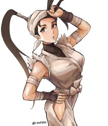 Rule 34 | 1girl, artist name, bandaged arm, bandages, bandana, black hair, bow, eyelashes, grey eyes, hair pulled back, hand on own forehead, highres, hip vent, ibuki (street fighter), lightsosis, long hair, open mouth, simple background, solo, standing, street fighter, street fighter iii (series), twitter username, white background, white bandana, white bow