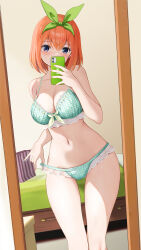 Rule 34 | 1girl, absurdres, blue eyes, bra, breasts, cellphone, commentary request, commission, gibun (sozoshu), go-toubun no hanayome, green bra, green panties, green ribbon, hair ribbon, highres, holding, holding phone, indoors, large breasts, mirror, nakano yotsuba, navel, orange hair, panties, phone, pixiv commission, ribbon, selfie, short hair, solo, standing, underwear