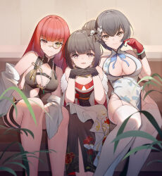 Rule 34 | 3girls, absurdres, bare shoulders, black hair, blunt bangs, blush, breasts, brown eyes, brown hair, china dress, chinese clothes, cleavage, closed mouth, dress, erika (neural cloud), flower, garter straps, girls&#039; frontline neural cloud, gloves, hair between eyes, hair flower, hair ornament, heterochromia, highres, japanese clothes, jewelry, kimie (neural cloud), kimono, large breasts, long hair, looking at viewer, monocle, multiple girls, necklace, official alternate costume, open mouth, pearl necklace, red eyes, red hair, ribbon, short hair, sidelocks, sitting, small breasts, smile, thighhighs, wan3051, xinghuan (neural cloud)