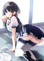 Rule 34 | 1girl, ass, black footwear, black hair, black skirt, blue bra, blush, bra, bra visible through clothes, closed mouth, commentary request, fallen down, floor, frilled skirt, frills, glass, hand in own hair, highres, long hair, looking at viewer, on floor, original, purple eyes, see-through, shirt, shoe soles, shoes, short hair, sidelocks, skirt, solo, spill, thighhighs, thighs, tray, underwear, waitress, wet, wet clothes, wet shirt, white shirt, white thighhighs, yu yu