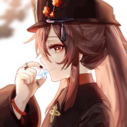 Rule 34 | 1girl, absurdres, bad id, bad pixiv id, bead bracelet, beads, black nails, blurry, bracelet, brown hair, chinese clothes, close-up, commentary, depth of field, english commentary, flower, from side, genshin impact, hair between eyes, hat, hat flower, hat ornament, highres, holding, hu tao (genshin impact), jewelry, kiss, long hair, long sleeves, looking at viewer, looking to the side, nail polish, orange eyes, primogem, ring, sidelocks, simple background, smile, solo, sp0i0ppp, symbol-shaped pupils, twintails, white background