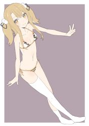 Rule 34 | 1girl, nanashi inc., absurdres, animal ears, animare, armpits, asymmetrical legwear, bad id, bad twitter id, bikini, blonde hair, blush, border, breasts, brown hair, closed mouth, collarbone, donguri suzume, dot nose, floppy ears, from above, full body, groin, hair between eyes, hair ornament, happy, highres, inaba haneru mama, looking at viewer, medium breasts, mismatched legwear, navel, outside border, pom pom (clothes), purple background, rabbit ears, ribs, side-tie bikini bottom, sidelocks, simple background, single thighhigh, small breasts, smile, socks, solo, standing, swimsuit, thighhighs, thighs, twintails, v, virtual youtuber, white border, white socks, yellow eyes