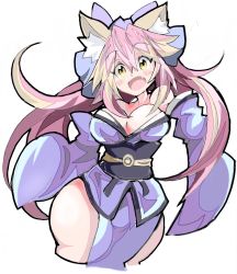 Rule 34 | 1girl, animal ear fluff, animal ears, breasts, cleavage, commentary request, detached sleeves, enpe, fate/extra, fate (series), fox ears, fox girl, fox tail, japanese clothes, large breasts, pink hair, simple background, tail, tamamo (fate), tamamo no mae (fate/extra), white background, yellow eyes
