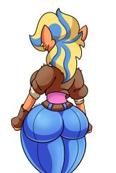 Rule 34 | 1girl, absurdres, ass, blonde hair, blue hair, crash bandicoot (series), crash bandicoot 4: it&#039;s about time, daisy-pink71, from behind, furry, furry female, gloves, highres, huge ass, jacket, mohawk, multicolored hair, pants, shiny clothes, solo, tawna bandicoot, tawna bandicoot (it&#039;s about time)