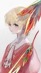 Rule 34 | 1boy, ascot, blonde hair, blue eyes, blush, child, closed mouth, coat, earrings, feathers, final fantasy, final fantasy xvi, hair between eyes, highres, jewelry, joshua rosfield, male focus, pale skin, phoenix (final fantasy), quichi 91, red coat, short hair, single earring, smile, solo, upper body, white ascot, white background