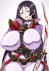 Rule 34 | 1girl, belly, blood, breasts, covered navel, curvy, fate/grand order, fate (series), fingerless gloves, gloves, highres, huge breasts, katana, komusou (jinrikisha), long hair, looking at viewer, minamoto no raikou (fate), open mouth, parted lips, plump, purple background, purple eyes, purple hair, solo, sword, thick thighs, thighs, very long hair, weapon, wide hips