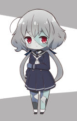 Rule 34 | 10s, 1girl, arm grab, black dress, black sailor collar, blue ribbon, chibi, closed mouth, commentary request, dress, full body, grey background, grey hair, hair ribbon, hisajou, konno junko, long hair, long sleeves, looking at viewer, low twintails, neckerchief, patchwork skin, pleated dress, red eyes, ribbon, sailor collar, sailor dress, solo, standing, stitched face, stitched leg, stitched torso, stitches, twintails, two-tone background, very long hair, white background, white neckerchief, zombie, zombie land saga
