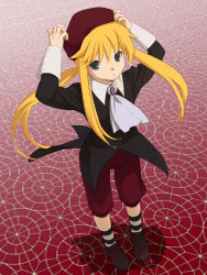 Rule 34 | 07th expansion, androgynous, ascot, beret, blonde hair, collared shirt, cosplay, daijou kiyosu, from above, gender request, grey eyes, hat, highres, kanon (umineko), kanon (umineko) (cosplay), loafers, long hair, male focus, no naku koro ni (series), ponytail, shirt, shoes, socks, solo, striped clothes, striped socks, umineko no naku koro ni, ushiromiya lion