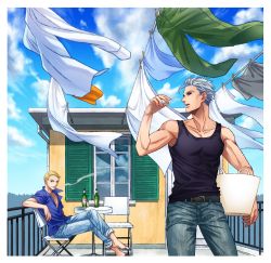 Rule 34 | 2boys, alcohol, beer, black sclera, blonde hair, blue eyes, blue sky, bucket, chair, cigarette, clothes pin, clothesline, cloud, colored sclera, day, denim, holding, jeans, jojo no kimyou na bouken, crossed legs, looking back, male focus, multiple boys, muscular, pants, prosciutto, railing, red eyes, risotto nero, silver hair, sitting, sky, smoking, table, tank top, window, yukiji
