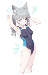 Rule 34 | 1girl, 2t (vmyz7342), ?, absurdres, animal ear fluff, animal ears, armpits, arms up, blue archive, blue eyes, blue halo, breasts, chinese commentary, collarbone, commentary request, competition swimsuit, covered navel, cropped legs, cross hair ornament, ear piercing, extra ears, feet out of frame, from above, grey hair, hair ornament, halo, highres, looking at viewer, medium hair, mismatched pupils, notice lines, official alternate costume, one-piece swimsuit, piercing, ponytail, shiroko (blue archive), shiroko (swimsuit) (blue archive), sidelocks, simple background, small breasts, solo, standing, swimsuit, white background, wolf ears