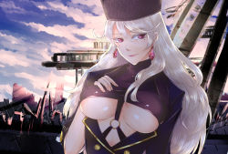 Rule 34 | 1girl, breasts, cleavage, earrings, girls&#039; frontline, hand on own chest, hat, highres, jewelry, large breasts, long hair, looking at viewer, mituki, mole, mole under eye, ptrd (girls&#039; frontline), purple eyes, silver hair, simple background, smile, solo