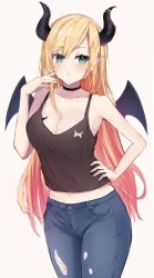 Rule 34 | 1girl, blonde hair, blush, breast tattoo, breasts, cleavage, demon girl, demon horns, demon wings, hololive, horns, large breasts, long hair, looking at viewer, navel, open mouth, pointy ears, shirt, shuuzo3, solo, tattoo, undershirt, virtual youtuber, wings, yuzuki choco