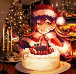 Rule 34 | 1girl, :d, blurry, blurry background, brown eyes, brown hair, cake, candle, candlestand, christmas, christmas tree, depth of field, eating, fire, fireplace, food, food on face, fruit, fur trim, gift, hair between eyes, hat, holly, illya (small) (princess connect!), illya (princess connect!), indoors, long hair, open mouth, photo background, plate, princess connect!, santa hat, sitting, smile, solo, strawberry, tahnya