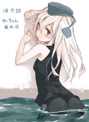Rule 34 | 1girl, ass, black bodysuit, blonde hair, blue eyes, bodysuit, cowboy shot, dated, diving suit, from behind, garrison cap, happy birthday, hat, kantai collection, long hair, looking at viewer, looking back, solo, suka, u-511 (kancolle), water, wetsuit
