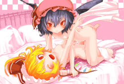 Rule 34 | 2girls, all fours, ass, bad id, bad pixiv id, bat wings, bed, blonde hair, blue hair, blush, breasts, brush, flandre scarlet, girl on top, hat, incest, meth (emethmeth), multiple girls, nipples, nude, one eye closed, open mouth, red eyes, remilia scarlet, short hair, siblings, side ponytail, sisters, small breasts, smile, touhou, wet, wings, wink, yuri