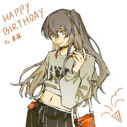 Rule 34 | 1girl, arm behind back, arm up, black choker, black skirt, brown eyes, casual, choker, closed mouth, commentary, english commentary, girls&#039; frontline, grey hair, happy birthday, headphones, headphones around neck, highres, id card, long hair, long sleeves, looking at viewer, official alternate costume, print shirt, scar, scar across eye, shirt, side ponytail, skirt, solo, standing, ump45 (girls&#039; frontline), upper body, white background, white shirt, yusen 0329