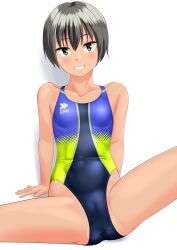 Rule 34 | 1girl, absurdres, black hair, black one-piece swimsuit, breasts, cameltoe, collarbone, commentary request, competition swimsuit, green eyes, grin, highres, logo, looking at viewer, multicolored clothes, multicolored swimsuit, one-piece swimsuit, original, short hair, simple background, small breasts, smile, solo, spread legs, standing, swimsuit, takafumi, tan, tomboy, variant set, white background
