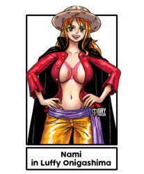 Rule 34 | 1girl, breasts, brown eyes, cape, cosplay, groin, hat, iury padilha, large breasts, monkey d. luffy, monkey d. luffy (cosplay), nami (one piece), one piece, open clothes, open shirt, orange hair, scar, solo, wide hips