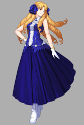 Rule 34 | 1girl, absurdres, bare shoulders, blonde hair, boots, brown eyes, fate/hollow ataraxia, fate/stay night, fate/unlimited codes, fate (series), full body, gloves, hair ribbon, halterneck, highres, higurashi ryuuji, long hair, long skirt, luviagelita edelfelt, official art, pleated skirt, ribbon, ringlets, simple background, skirt, solo, type-moon, white gloves