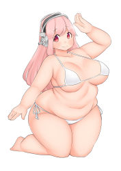 Rule 34 | 1girl, absurdres, belly, bikini, breasts, fat, full body, fusa (starless2323), headphones, highres, kneeling, large breasts, long hair, looking at viewer, nitroplus, pink eyes, pink hair, plump, smile, solo, super sonico, swimsuit, thick thighs, thighs, wide hips