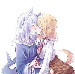 Rule 34 | 2girls, animal collar, animal ears, blonde hair, blue hair, blue hoodie, blunt bangs, blush, cat ears, closed eyes, collar, collared shirt, couple, dog ears, dog tail, female focus, fins, fish tail, gawr gura, hair ornament, haskyyyyy1, highres, hololive, hololive english, hood, hoodie, kemonomimi mode, kiss, leaning forward, leash, multicolored hair, multiple girls, necktie, pet play, plaid, plaid skirt, pocket watch, red neckwear, shark tail, shirt, short hair, simple background, skirt, tail, two-tone hair, two side up, virtual youtuber, watch, watson amelia, white background, white hair, yuri